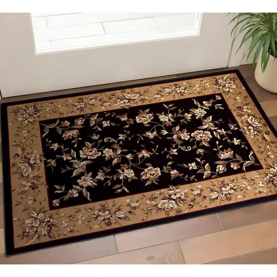 Tan Black And Beige Floral Vines Area Rug Photo 1