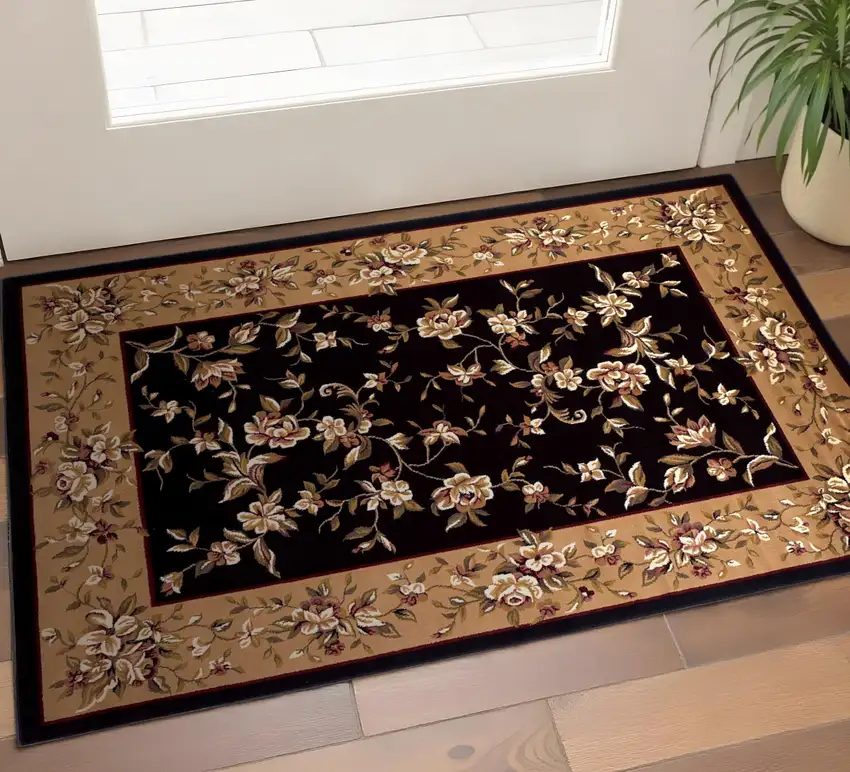 Tan Black And Beige Floral Vines Area Rug Photo 1