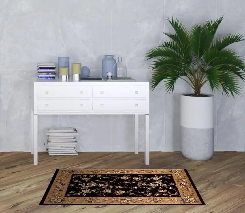 3'X5' Black Beige Machine Woven Floral Vines Indoor Area Rug Photo 2