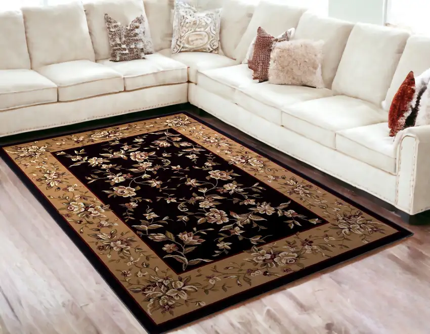 5'X8' Black Beige Machine Woven Floral Vines Indoor Area Rug Photo 1