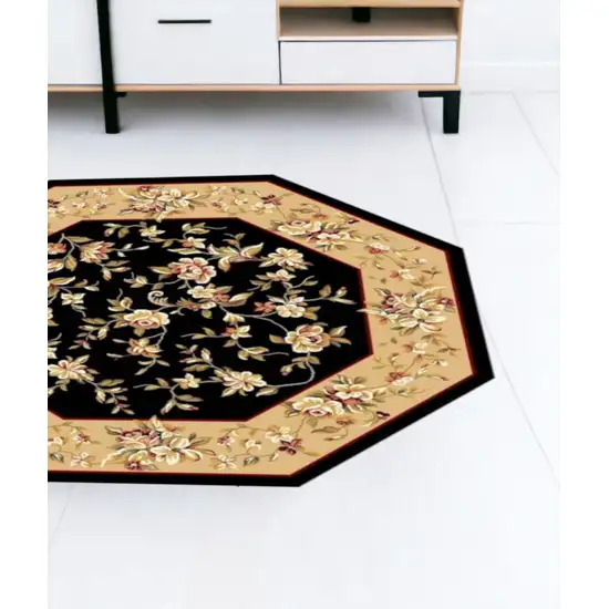 Black And Beige Octagon Floral Vines Area Rug Photo 1