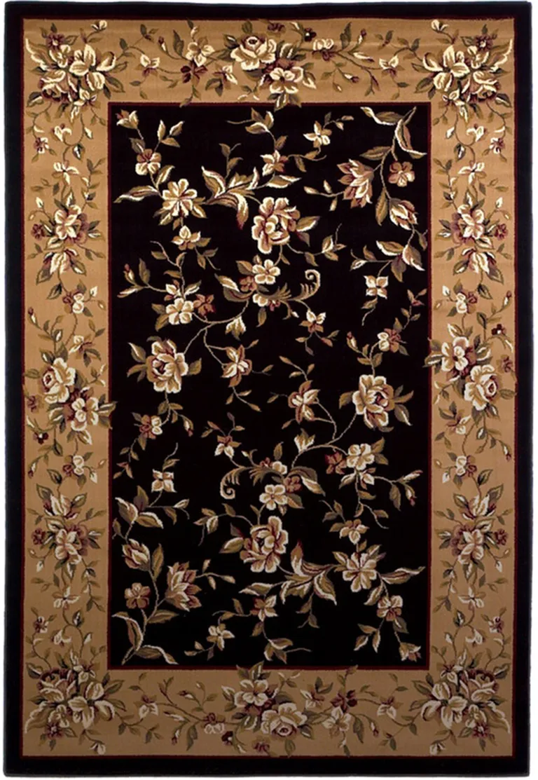 Black Beige Machine Woven Traditional Floral Octagon Indoor Area Rug Photo 1