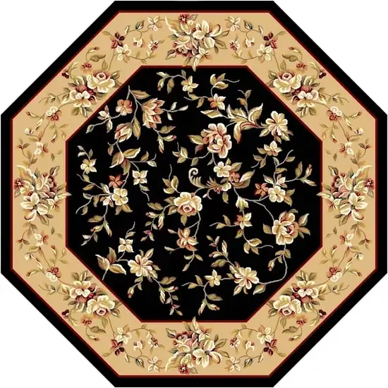 Black And Beige Octagon Floral Vines Area Rug Photo 2