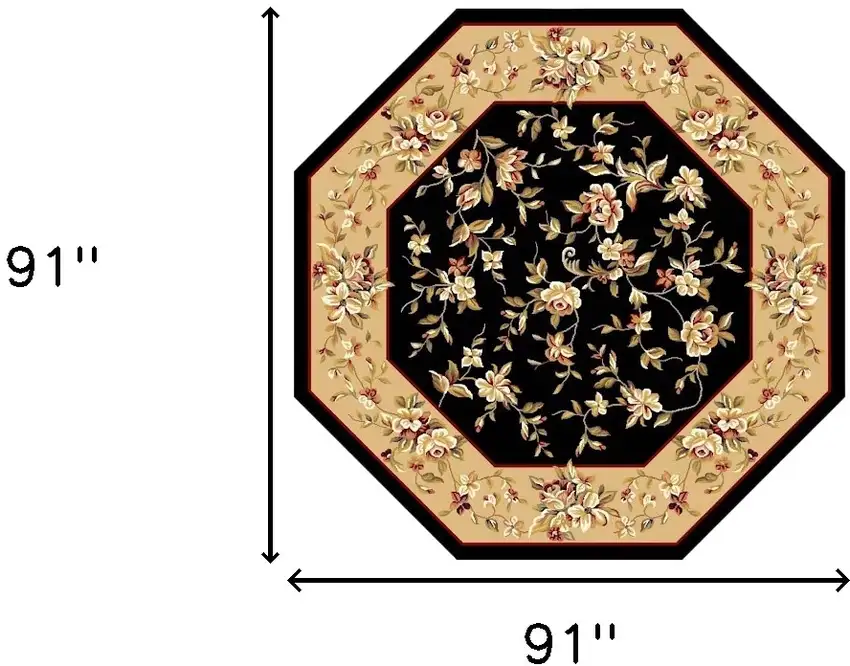 Black And Beige Octagon Floral Vines Area Rug Photo 3