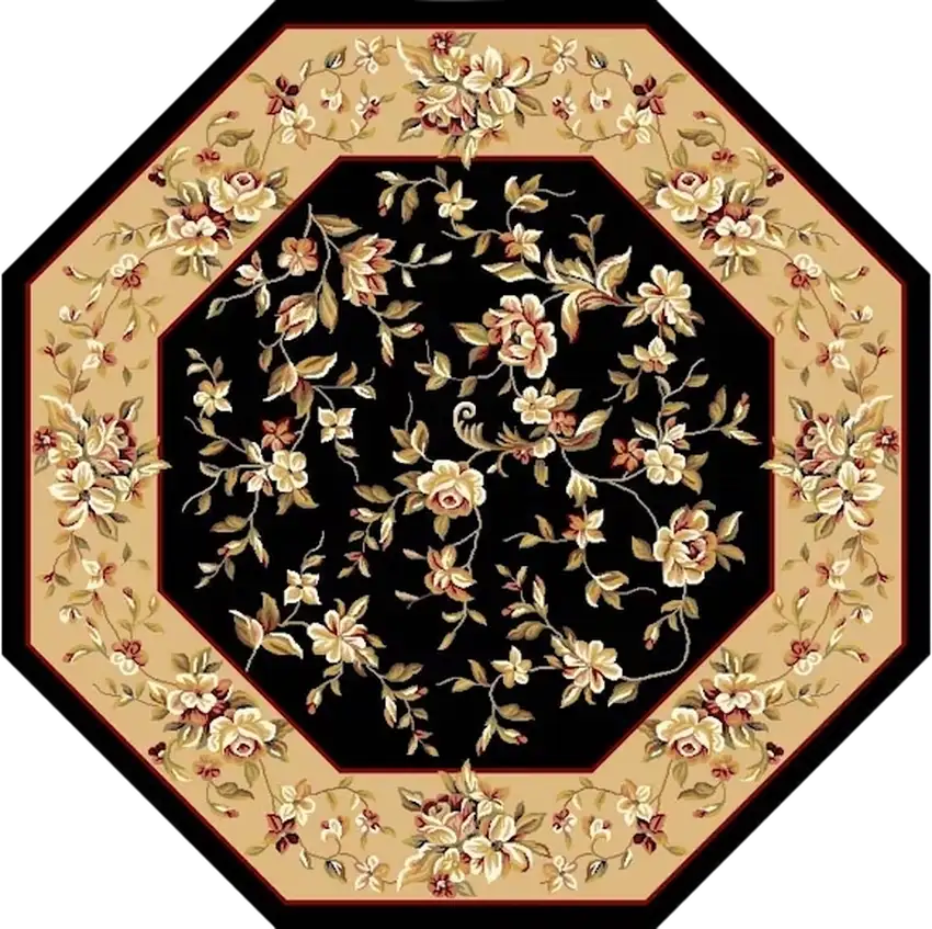 Black And Beige Octagon Floral Vines Area Rug Photo 2