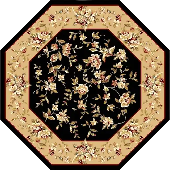 Black And Beige Octagon Floral Vines Area Rug Photo 2