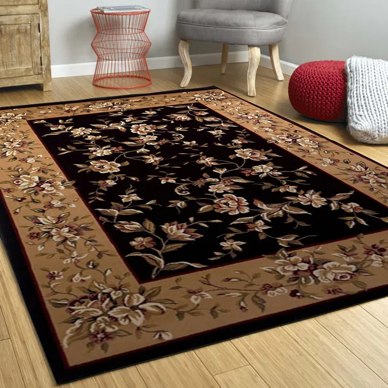 Black Beige Machine Woven Traditional Floral Octagon Indoor Area Rug Photo 3