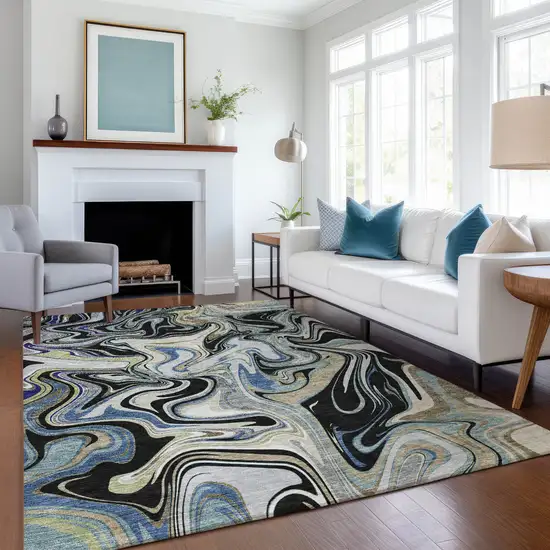 Black Blue And Beige Abstract Washable Indoor Outdoor Area Rug Photo 6