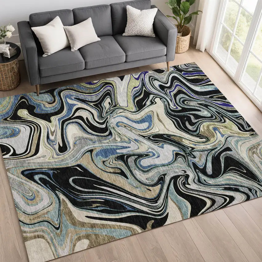Black Blue And Beige Abstract Washable Indoor Outdoor Area Rug Photo 5