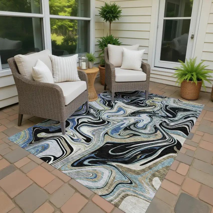 Black Blue And Beige Abstract Washable Indoor Outdoor Area Rug Photo 4