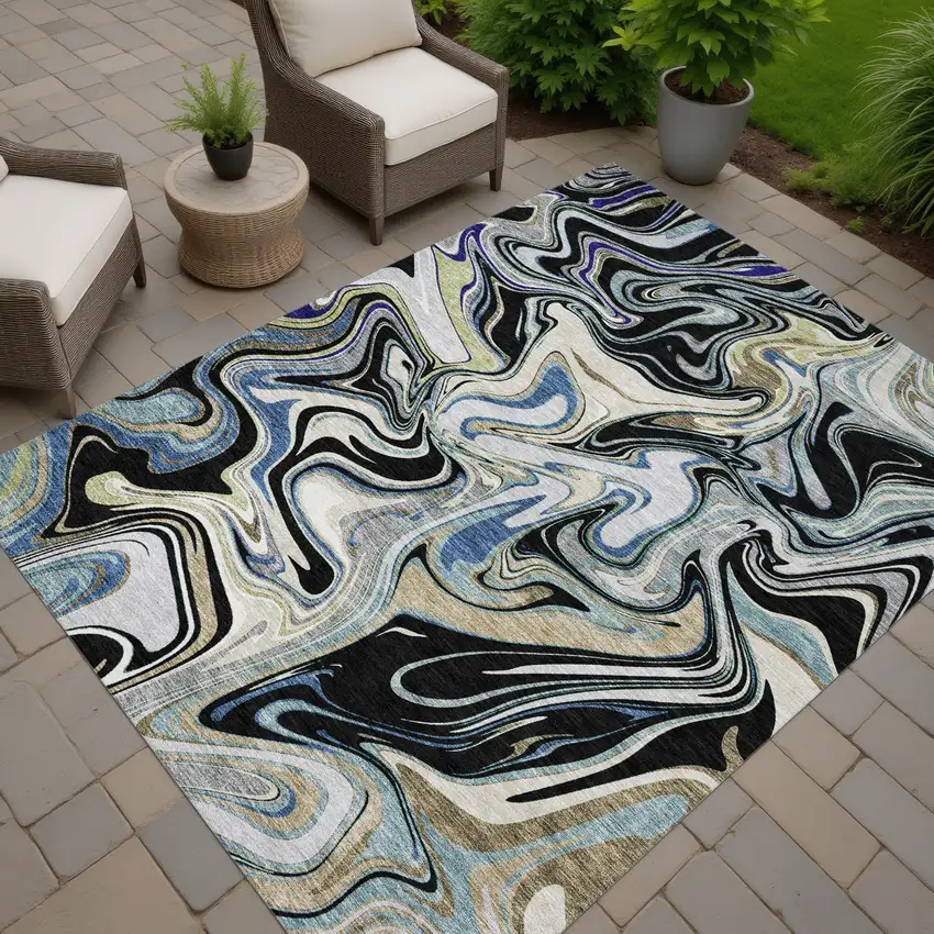 Black Blue And Beige Abstract Washable Indoor Outdoor Area Rug Photo 7