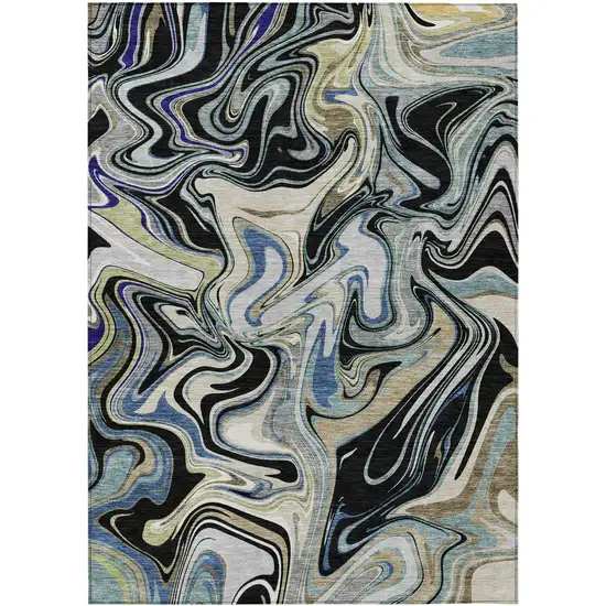 Black Blue And Beige Abstract Washable Indoor Outdoor Area Rug Photo 9