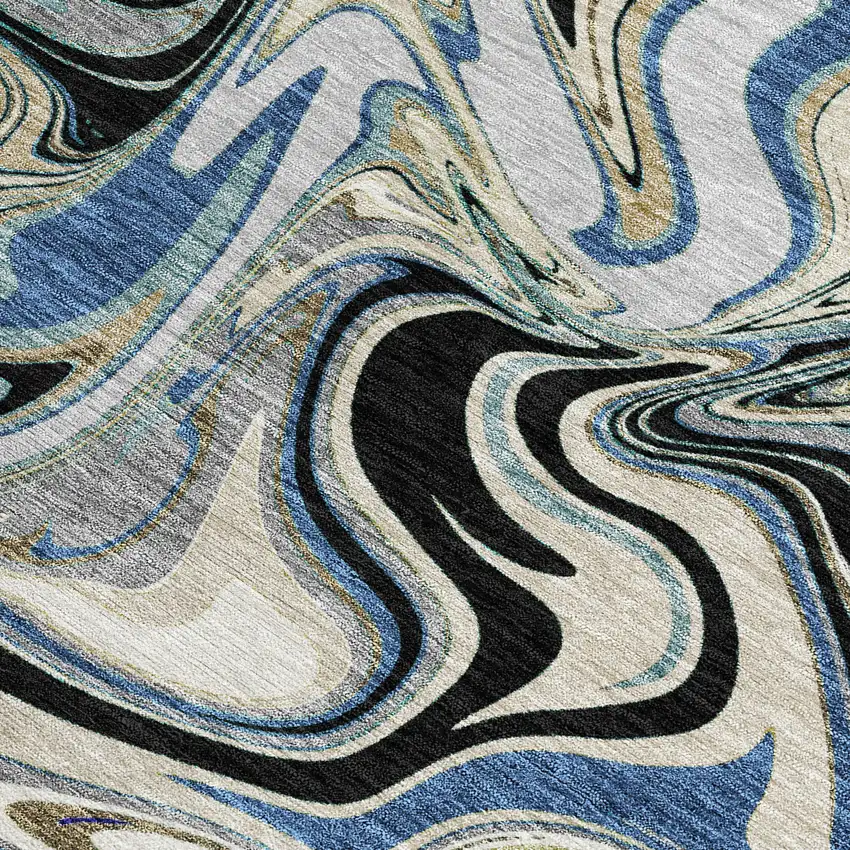 Black Blue And Beige Abstract Washable Indoor Outdoor Area Rug Photo 3