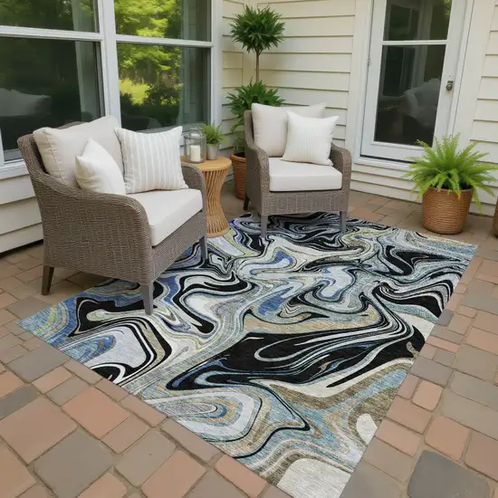 Black Blue And Beige Abstract Washable Indoor Outdoor Area Rug Photo 4