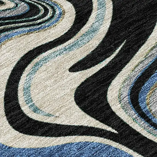 Black Blue And Beige Abstract Washable Indoor Outdoor Area Rug Photo 2