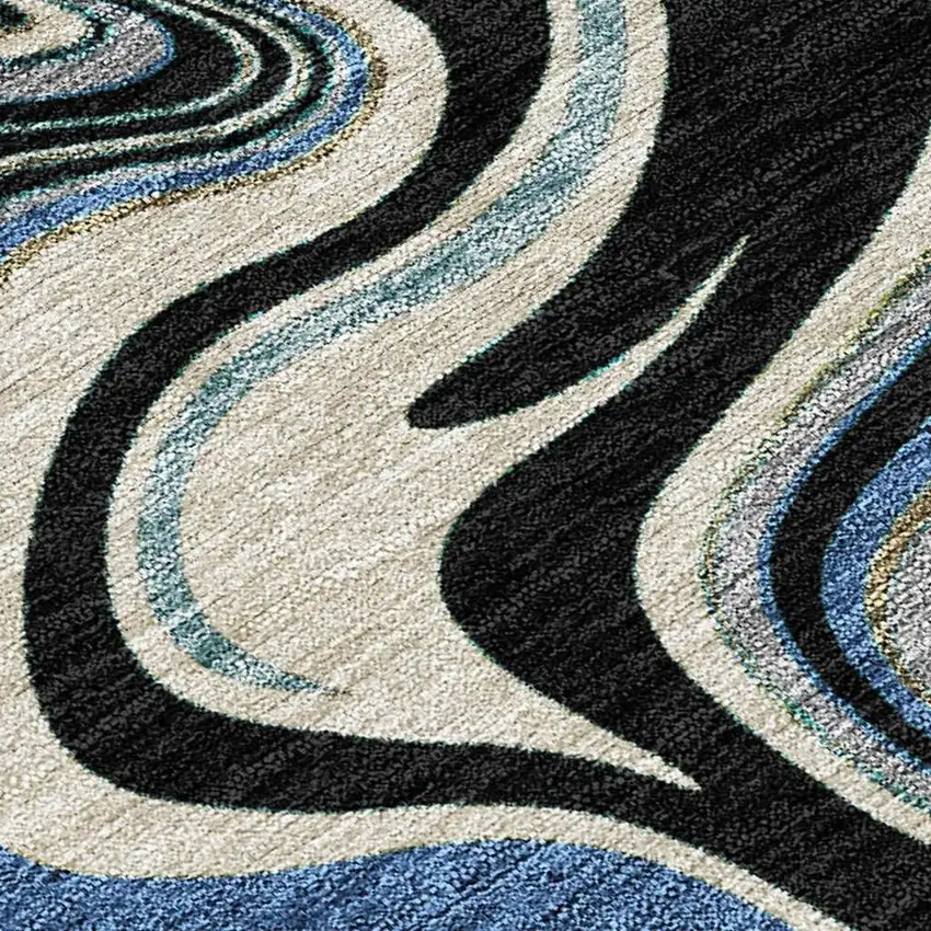 Black Blue And Beige Abstract Washable Indoor Outdoor Area Rug Photo 2
