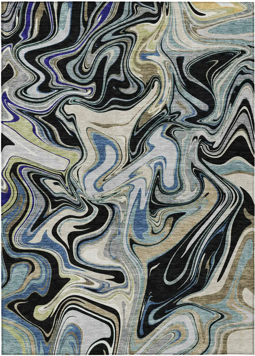 Black Blue And Beige Abstract Washable Indoor Outdoor Area Rug Photo 9