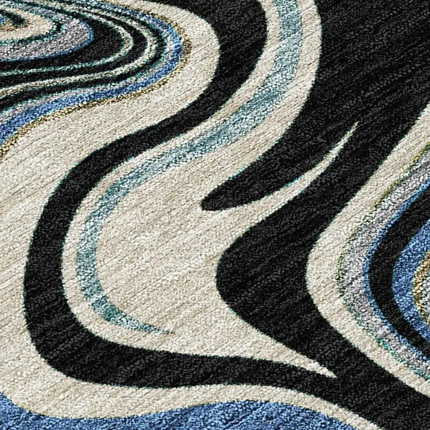 Black Blue And Beige Abstract Washable Indoor Outdoor Area Rug Photo 2