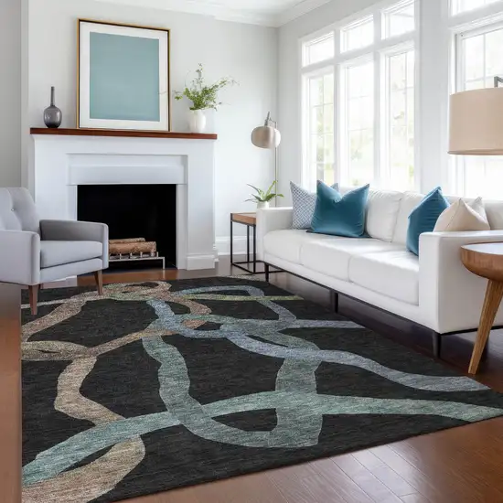 Black Blue And Copper Abstract Washable Indoor Outdoor Area Rug Photo 6