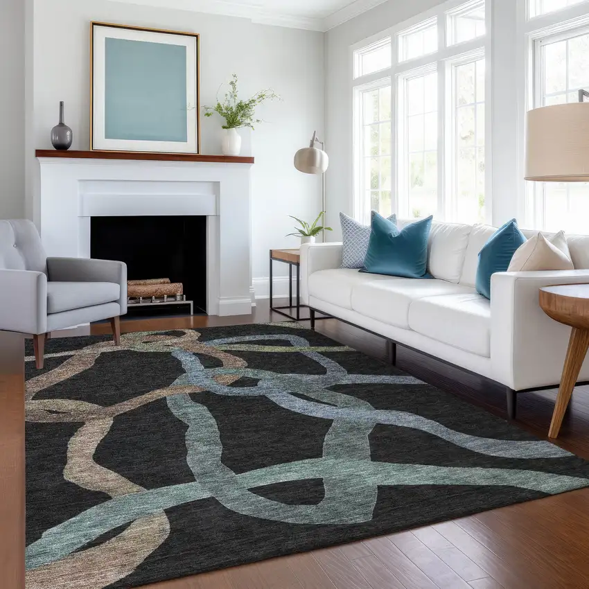 Black Blue And Copper Abstract Washable Indoor Outdoor Area Rug Photo 6