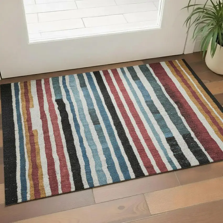 Black Blue And Copper Striped Washable Area Rug With UV Protection Photo 2