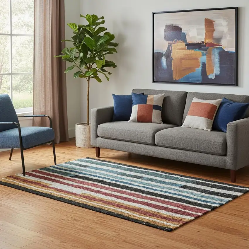 Black Blue And Copper Striped Washable Area Rug With UV Protection Photo 2