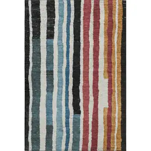 Photo of Black Blue And Copper Striped Washable Area Rug With UV Protection
