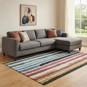 Photo of Black Blue And Copper Striped Washable Area Rug With UV Protection
