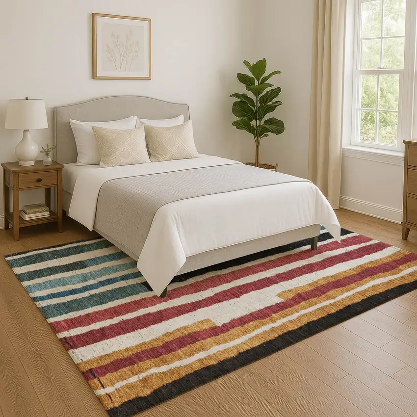 Black Blue And Copper Striped Washable Area Rug With UV Protection Photo 5