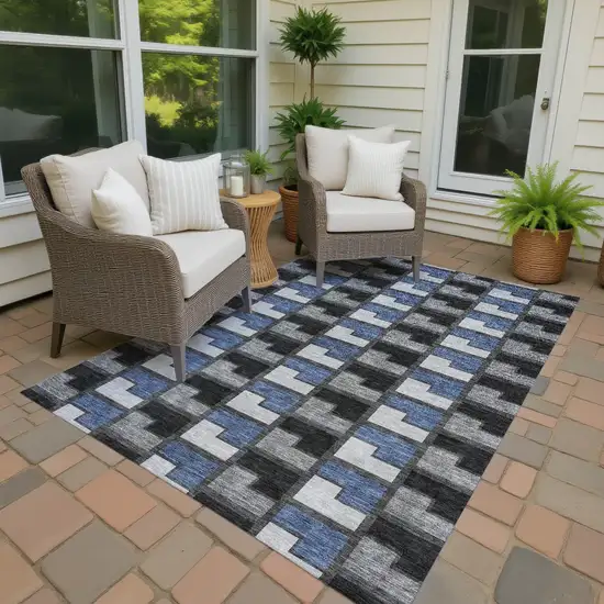 Black Blue And Gray Geometric Washable Indoor Outdoor Area Rug Photo 3