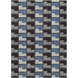 Photo of Black Blue And Gray Geometric Washable Indoor Outdoor Area Rug