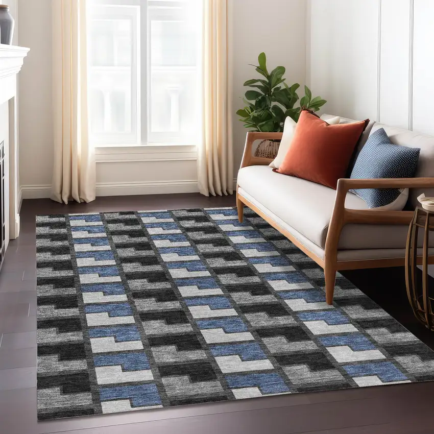 Black Blue And Gray Geometric Washable Indoor Outdoor Area Rug Photo 5