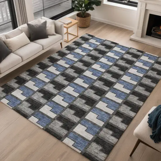 Black Blue And Gray Geometric Washable Indoor Outdoor Area Rug Photo 5