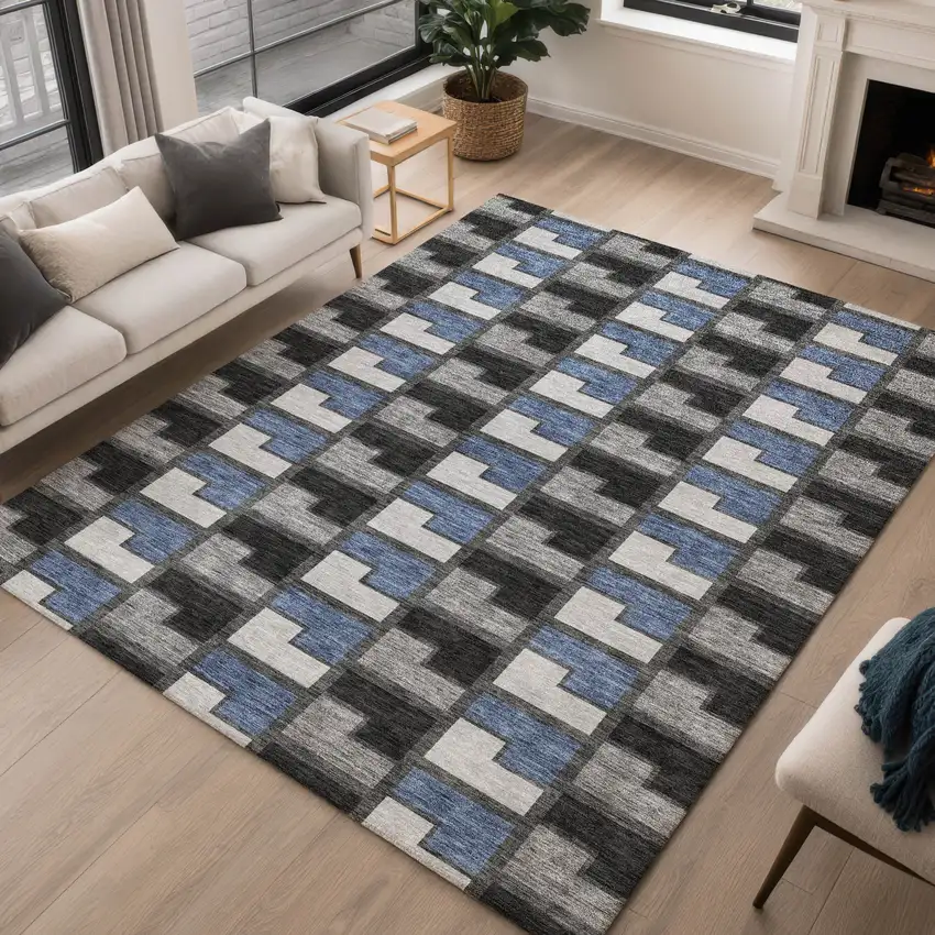 Black Blue And Gray Geometric Washable Indoor Outdoor Area Rug Photo 5