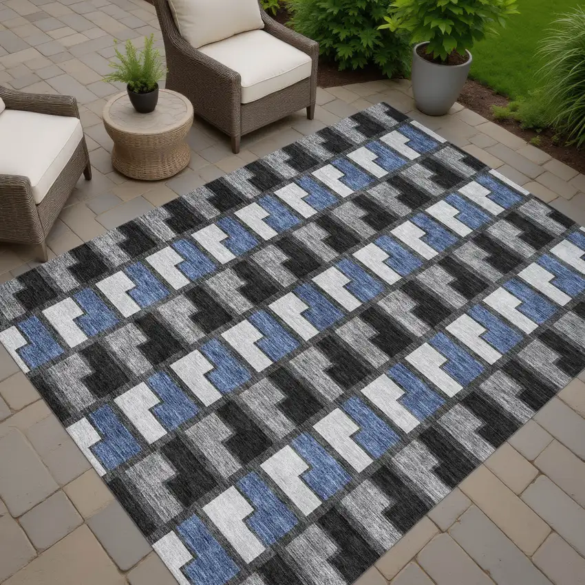Black Blue And Gray Geometric Washable Indoor Outdoor Area Rug Photo 7
