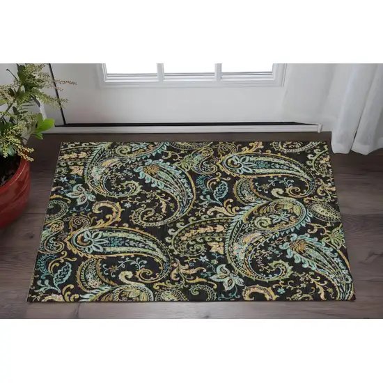 Black Blue And Green Paisley Washable Area Rug With UV Protection Photo 2