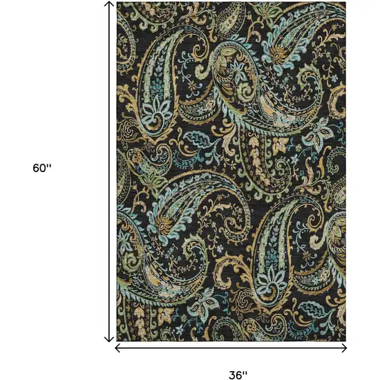 Black Blue And Green Paisley Washable Area Rug With UV Protection Photo 3