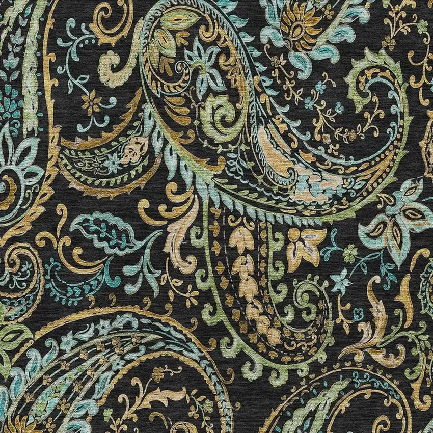 Black Blue And Green Paisley Washable Area Rug With UV Protection Photo 3