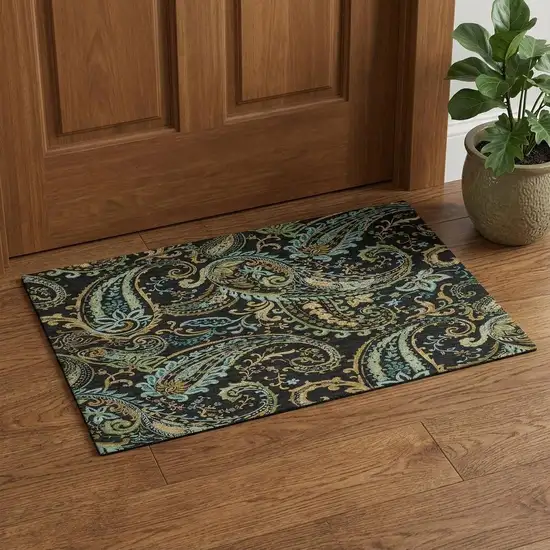 Black Blue And Green Paisley Washable Area Rug With UV Protection Photo 1