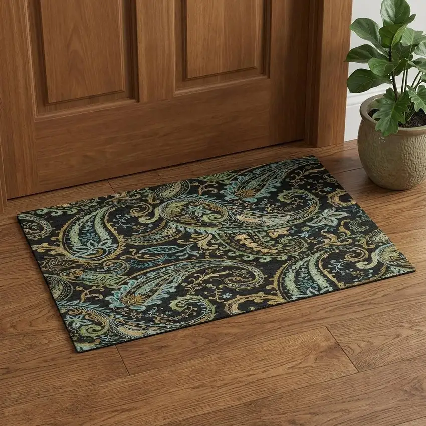 Black Blue And Green Paisley Washable Area Rug With UV Protection Photo 1