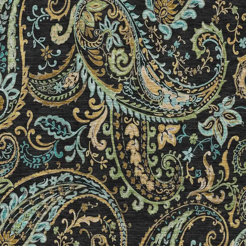 Black Blue And Green Paisley Washable Area Rug With UV Protection Photo 3