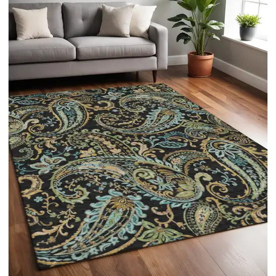 Black Blue And Green Paisley Washable Area Rug With UV Protection Photo 2