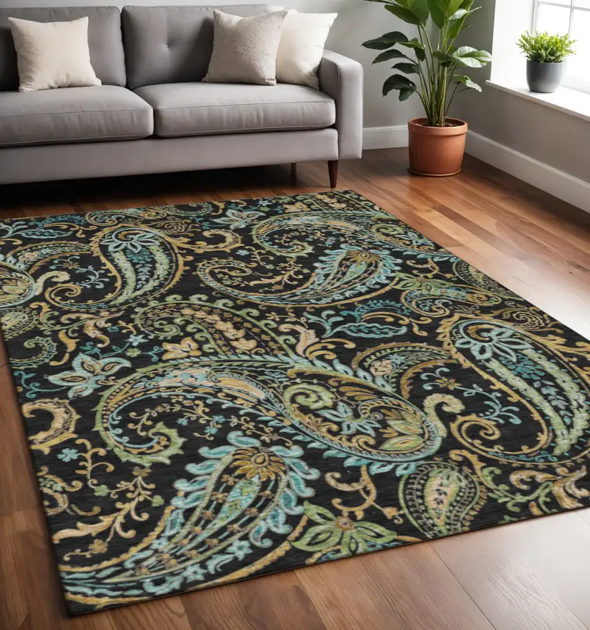 Black Blue And Green Paisley Washable Area Rug With UV Protection Photo 2