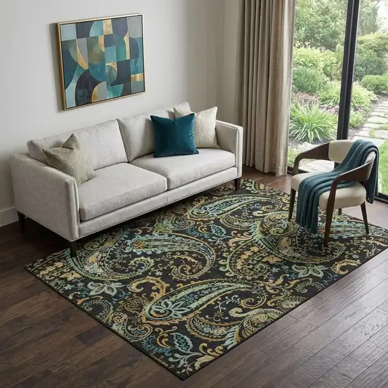 Black Blue And Green Paisley Washable Area Rug With UV Protection Photo 1