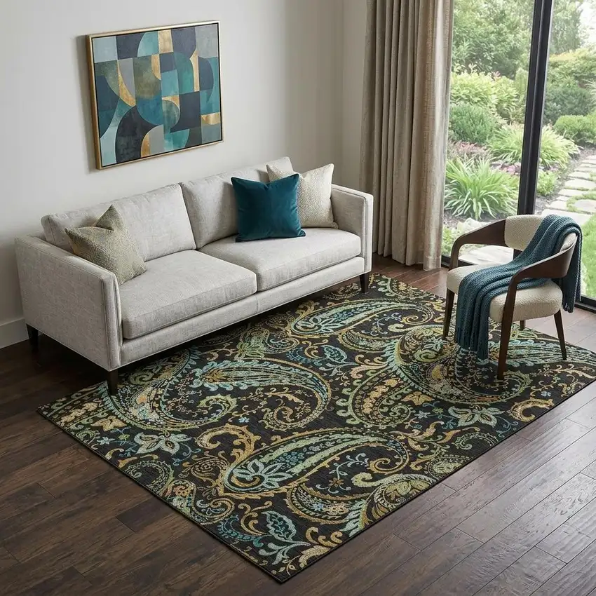 Black Blue And Green Paisley Washable Area Rug With UV Protection Photo 1