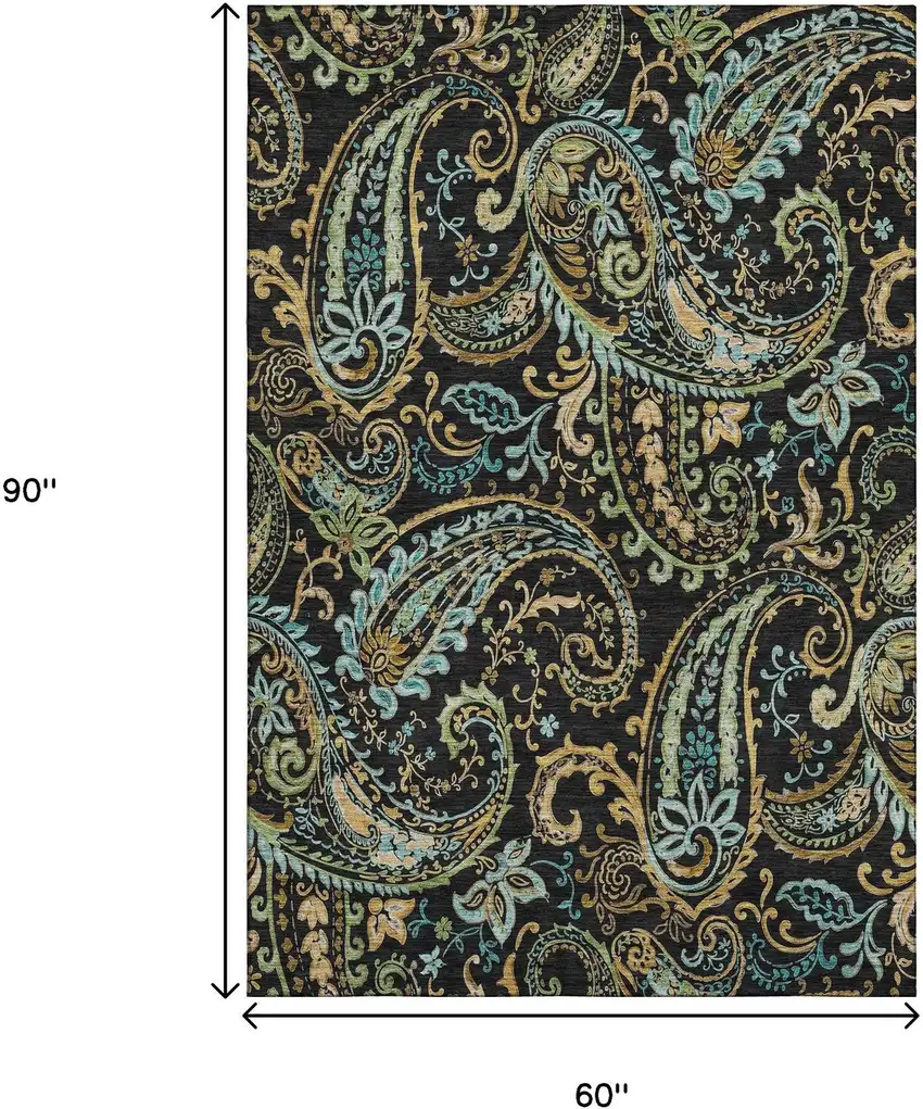 Black Blue And Green Paisley Washable Area Rug With UV Protection Photo 9