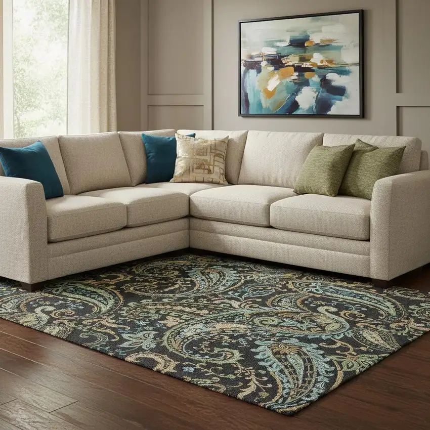 Black Blue And Green Paisley Washable Area Rug With UV Protection Photo 1