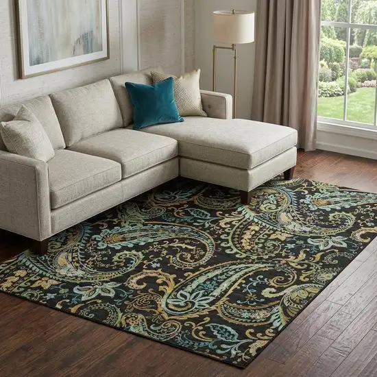 Black Blue And Green Paisley Washable Area Rug With UV Protection Photo 1