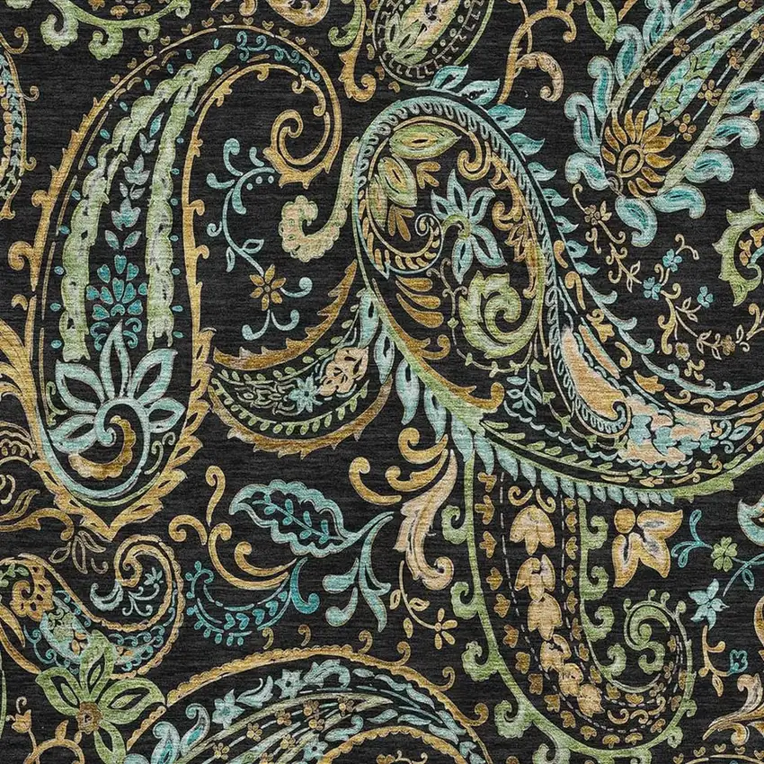 Black Blue And Green Paisley Washable Area Rug With UV Protection Photo 3