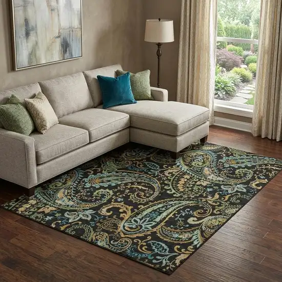 Black Blue And Green Paisley Washable Area Rug With UV Protection Photo 1